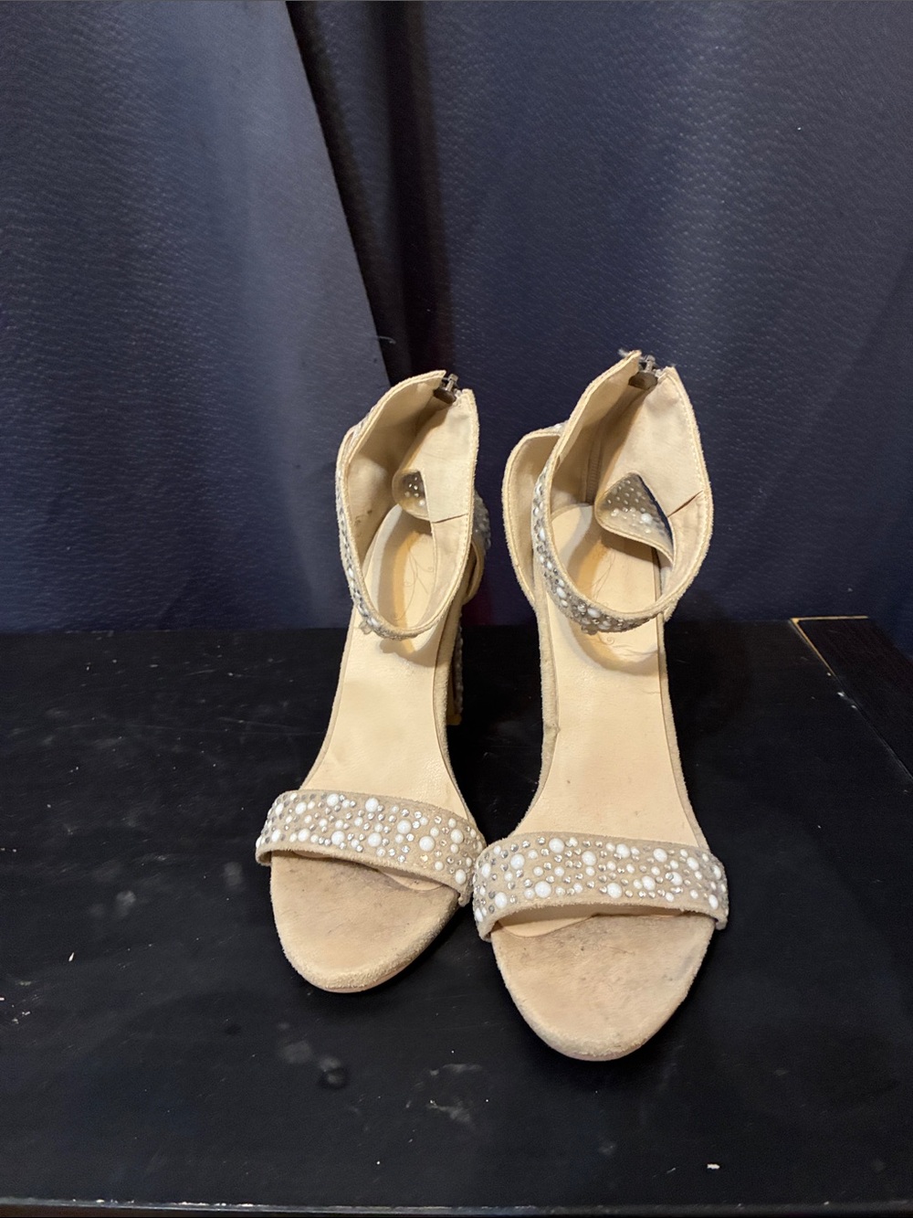 Beige Crystal-Embellished Ankle-Strap Heels